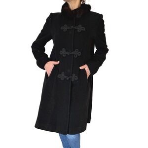 Vtg.  Albert Nipon Black Wool Fox Fur Trim Dress Coat Toggle Button Overcoat 6